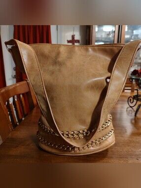 Tan Leather-Look Chain-Trim Hobo Bag